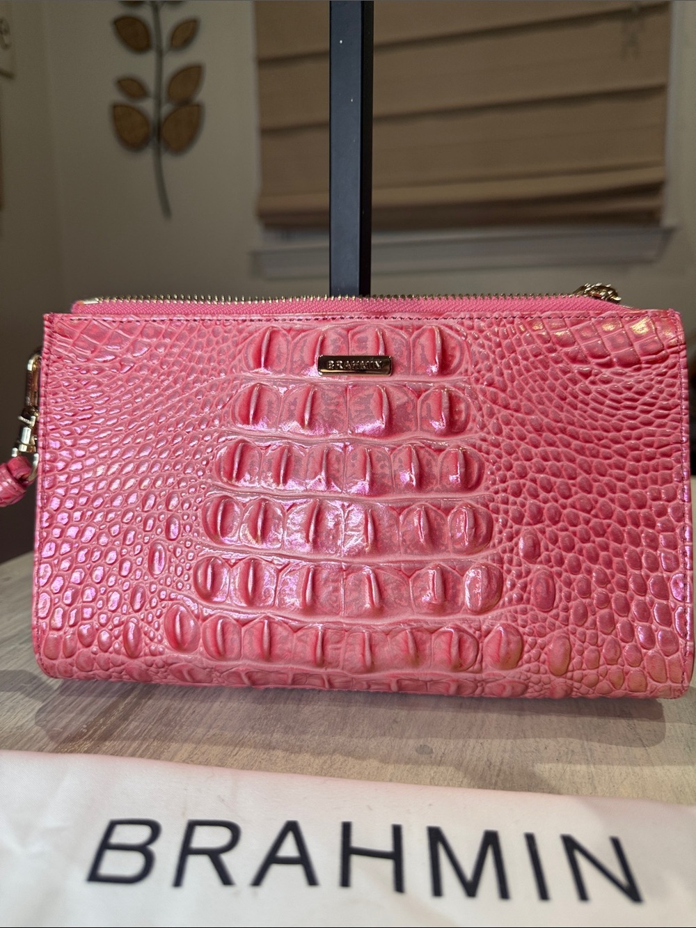 Brahmin Metallic Pink Daisy Croc-Embossed Leather Wristlet with Gold Hardware